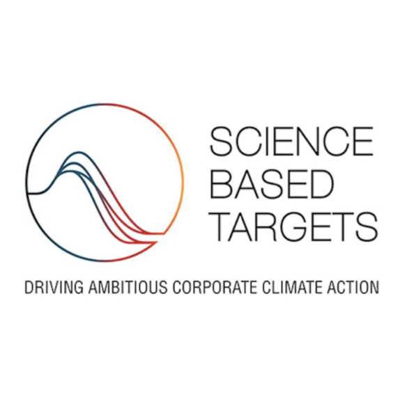 Logotipo de Science Based Targets, con un icono de una ecuación de onda con tendencia a la baja y el eslogan «Driving Ambitious Corporate Climate Action»  Logotipo de Science Based Targets, con un icono de una ecuación de onda con tendencia a la baja y el eslogan «Driving Ambitious Corporate Climate Action»